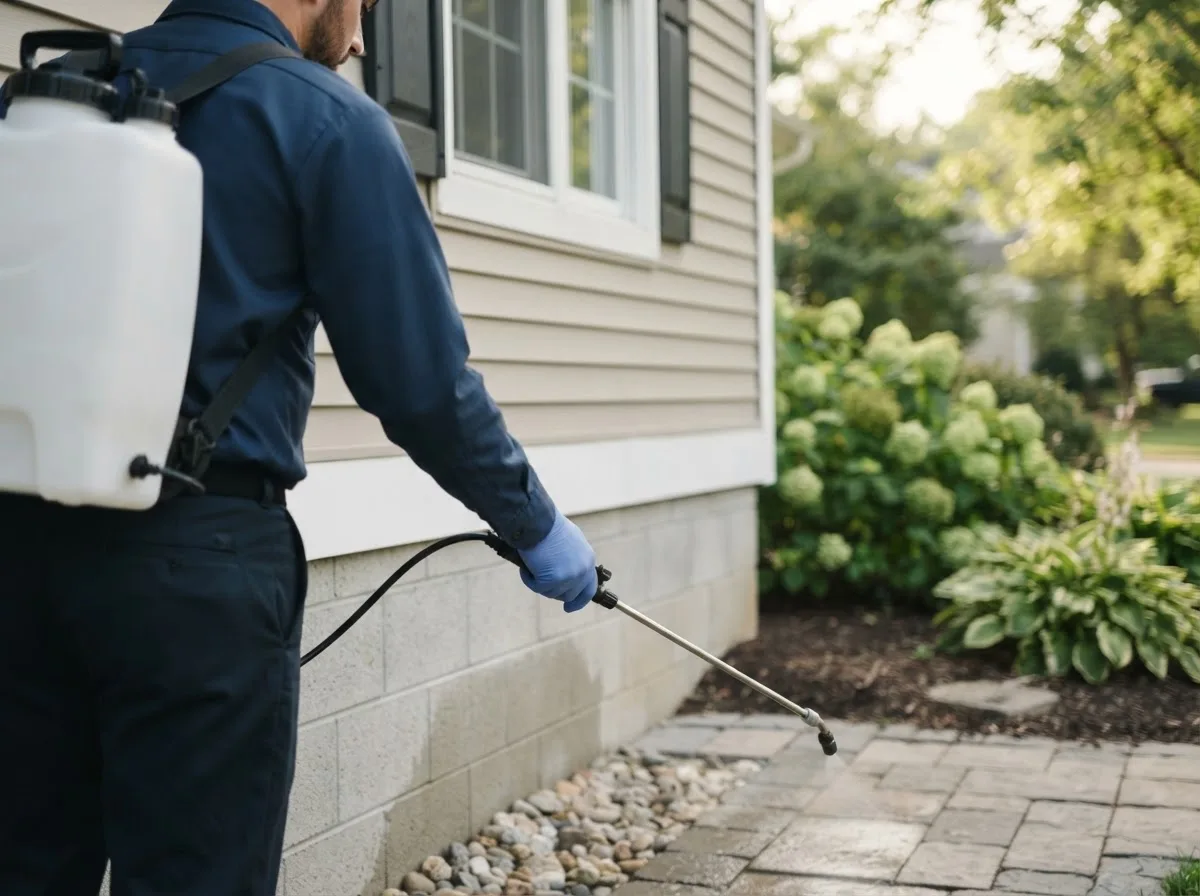 Pest control technician inspecting a home in Jacobsburg, OH